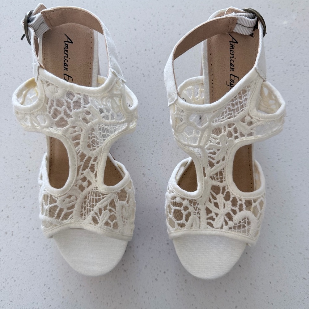 American Eagle White Lace Cutout Wedge Sandals